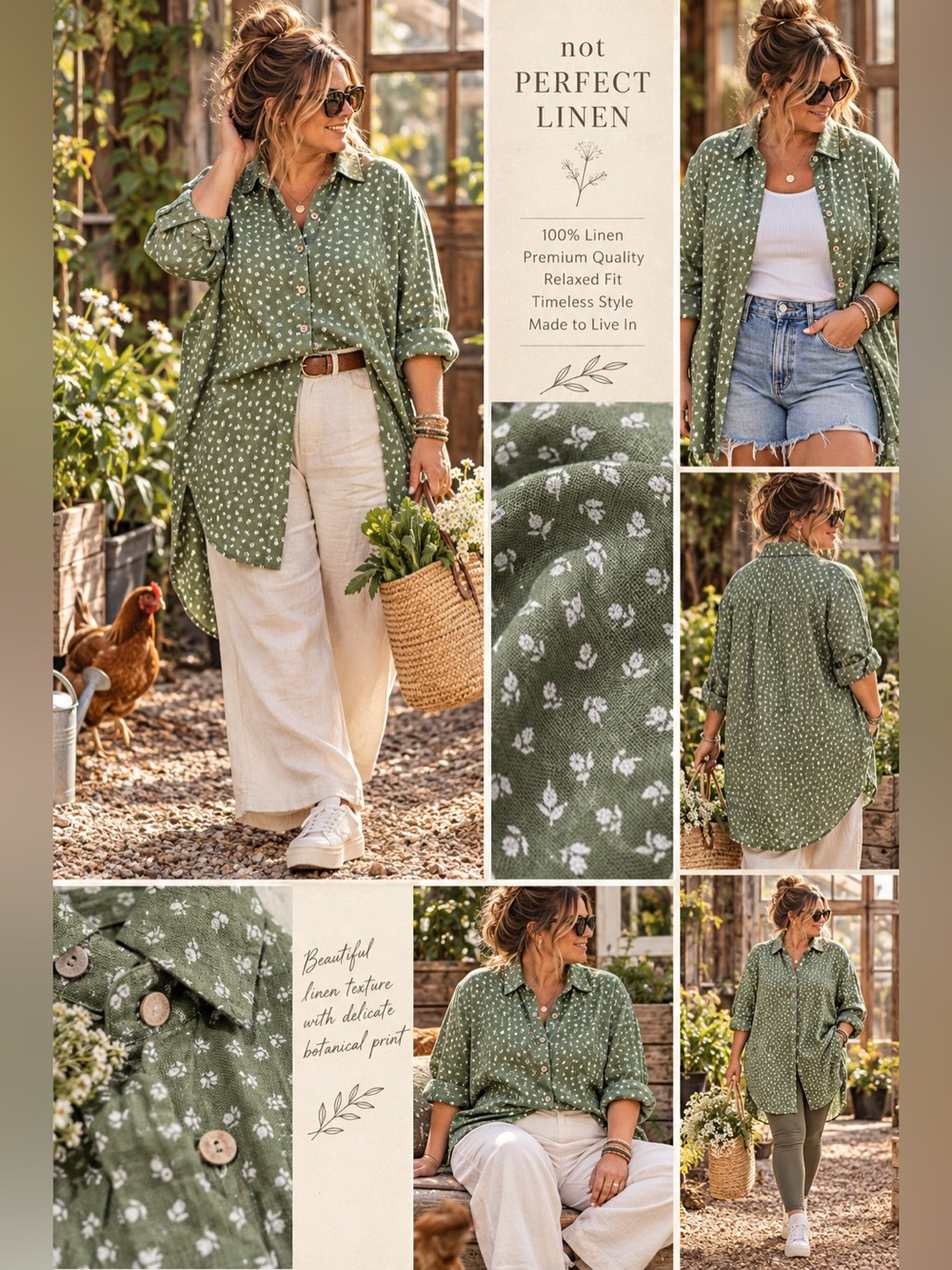 Not Perfect Linen Livorno-2 Herb Green Floral Oversized Linen Shirt XL